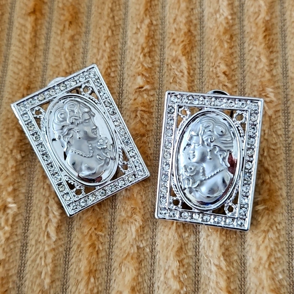 Sterling Silver Cameo Earrings with Crystal Accents